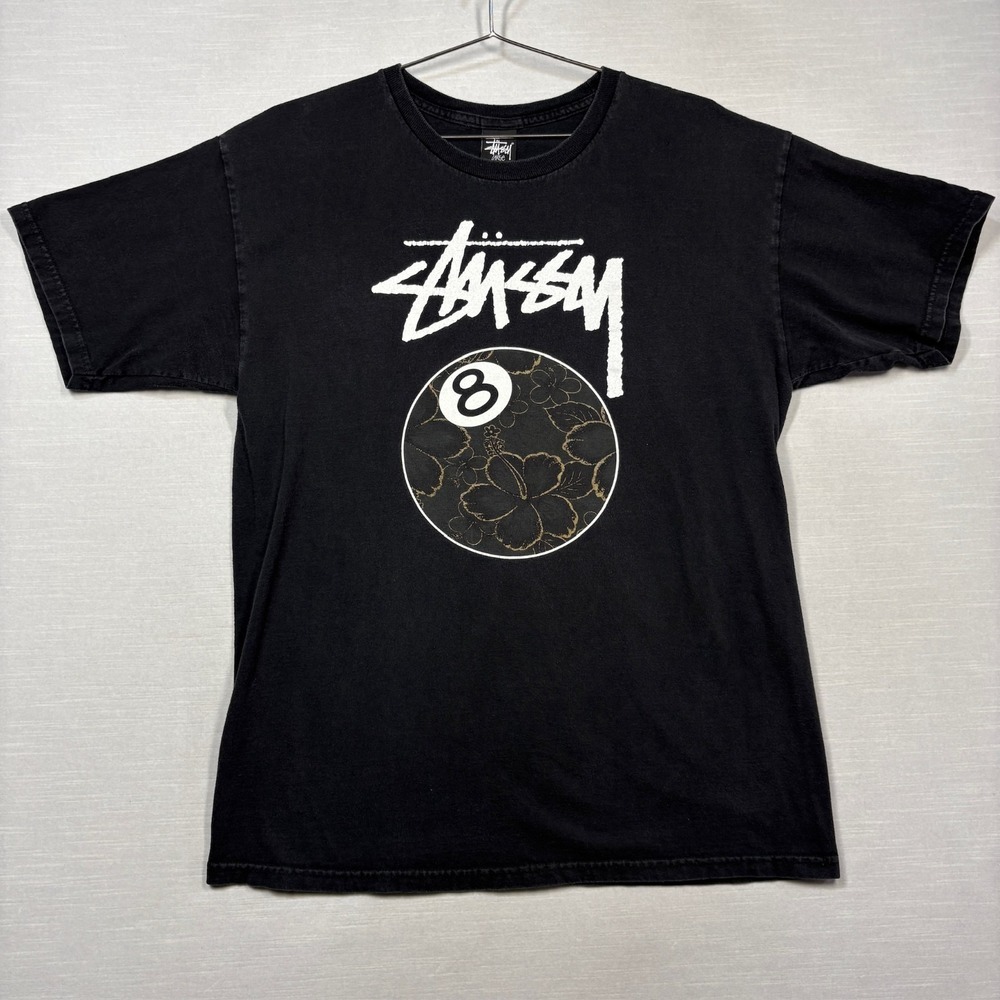 Stussy Gold Flake 8 Ball Shirt Men Large Black Hawaiian Flower Faded Cracked